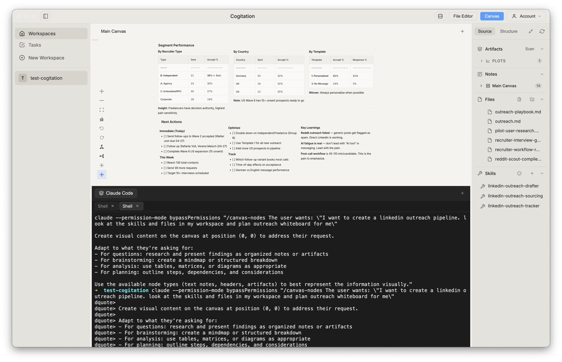 Cogitation canvas with data artifacts and Claude Code terminal