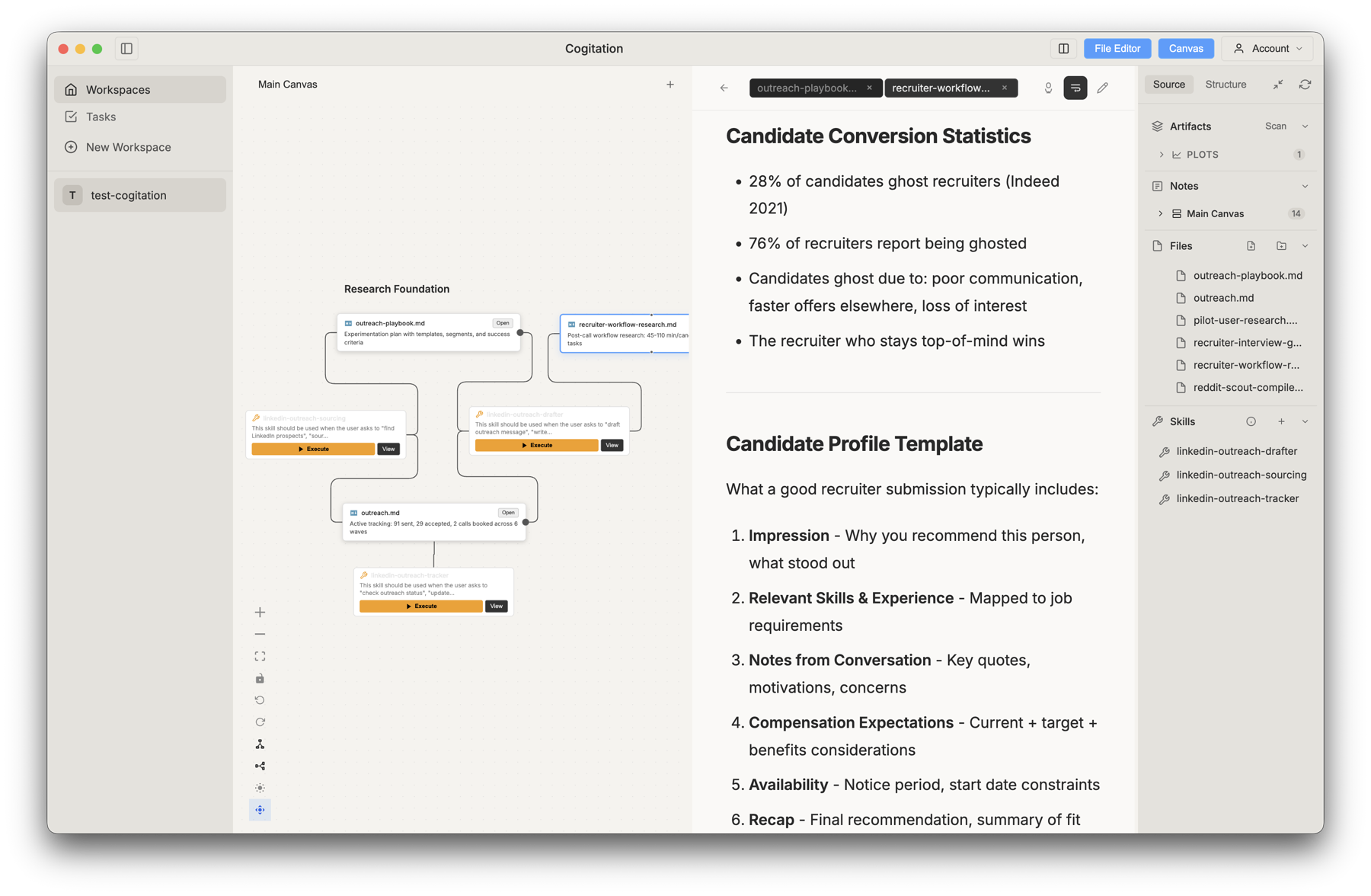 Cogitation whiteboard with connected workflow nodes and document editor